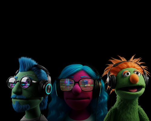 Bobku promotional hero image featuring three different original puppet producer personas on a dark festival-style background