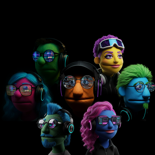 Bobku promotional hero image featuring seven original puppet producer personas on a dark festival-style background