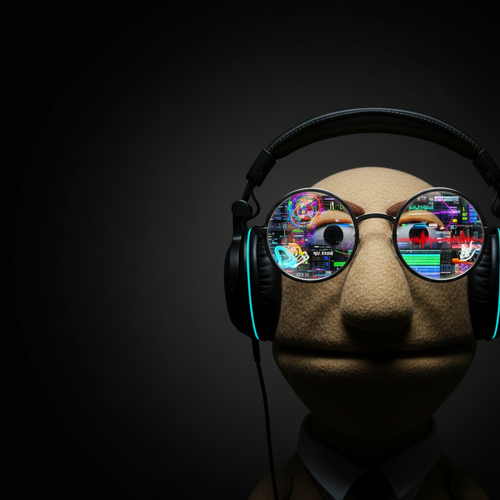 Atlas, one of the producer personas of Bobku, a tan felt puppet producer in a suit with round glasses reflecting glitchy audio displays, wearing over-ear headphones against a dark studio backdrop.