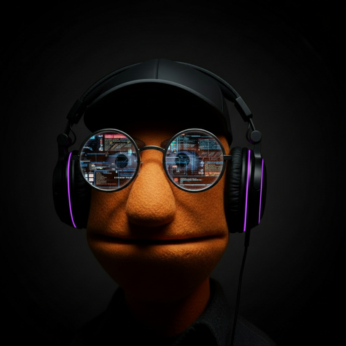 Dial, one of the producer personas of Bobku, an orange felt puppet with a black cap, round glasses displaying detailed audio interfaces, and headphones rimmed with purple light, staring calmly ahead.
