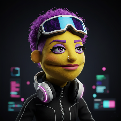 Nova, one of the producer personas of Bobku, a yellow felt puppet with short curly purple hair, a futuristic visor-style headset, and white-and-pink headphones, standing before floating UI panels in a sleek studio scene.