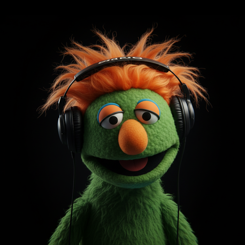 Patch, one of the producer personas of Bobku, a green felt puppet with wild orange hair, an orange nose, and black studio headphones, smiling against a dark background.