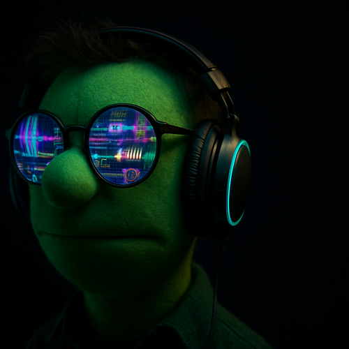 Phase, one of the producer personas of Bobku, a green felt puppet with round glasses glowing with neon mixer readouts, wearing large headphones and a dark shirt in moody studio lighting.