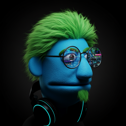 Philter, one of the producer personas of Bobku, a blue felt puppet with spiky green hair and a small green goatee, wearing round glasses full of plugin interfaces and headphones resting around his neck.