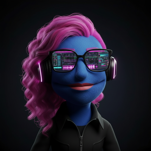 Riff, a Bobku puppet studio manager persona, shown as a solo portrait for press and reference use