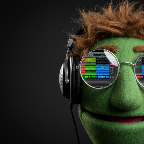 Roughcut, one of the producer personas of Bobku, a green felt puppet with messy brown hair, round glasses crammed with colorful DAW tracks, and silver studio headphones in a close-up crop.